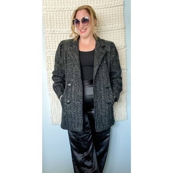 Vintage 80s marled wool double breasted pea coat leather shoulders size medium M - Picture 9 of 10
